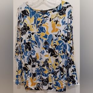 Thalia Sodi Lg Floral Print Women's Top - Blue, Yellow, Black. Detailed Sleeves.